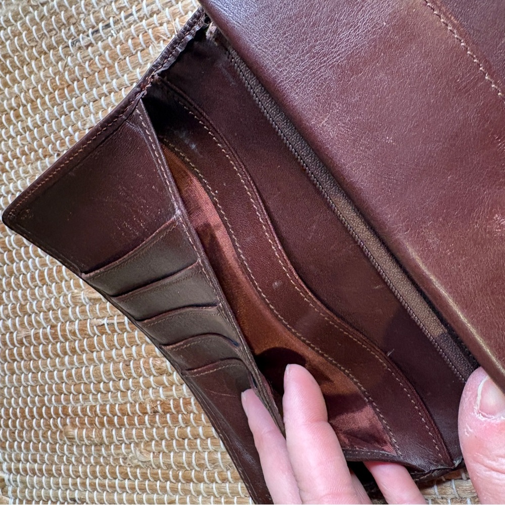 Vintage POLO Ralph Lauren Green Blue Plaid Bifold Leather Wallet With Brown Trim - Picture 7 of 12